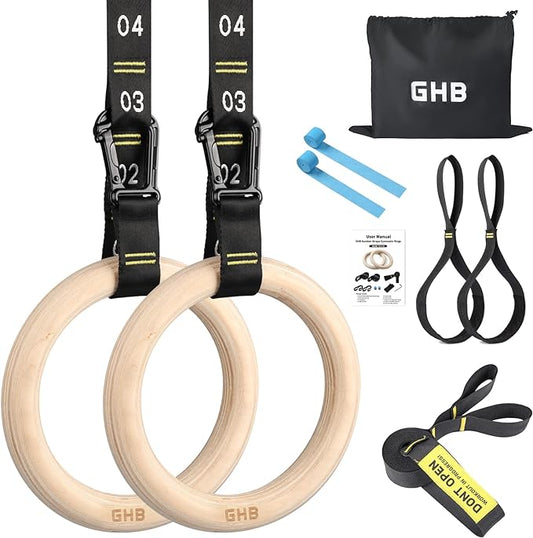 GHB Gymnastic Rings Wooden Gym Rings 1.25'' Training