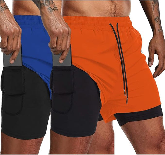 COOFANDY Men's 2 Pack Running Shorts 2 in 1 Workout Shorts Quick Dry Gym Training Athletic Jogger with Phone Pockets