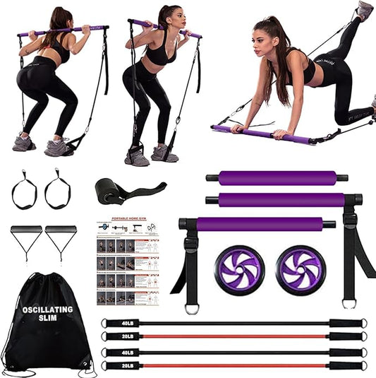 Ultimate Pilates bar kit.Multiple Fitness bar with Resistance Bands, Ab Rollers. Core Strength Training Equipment. Squat Machine for Men and Women. Portable Home Gym