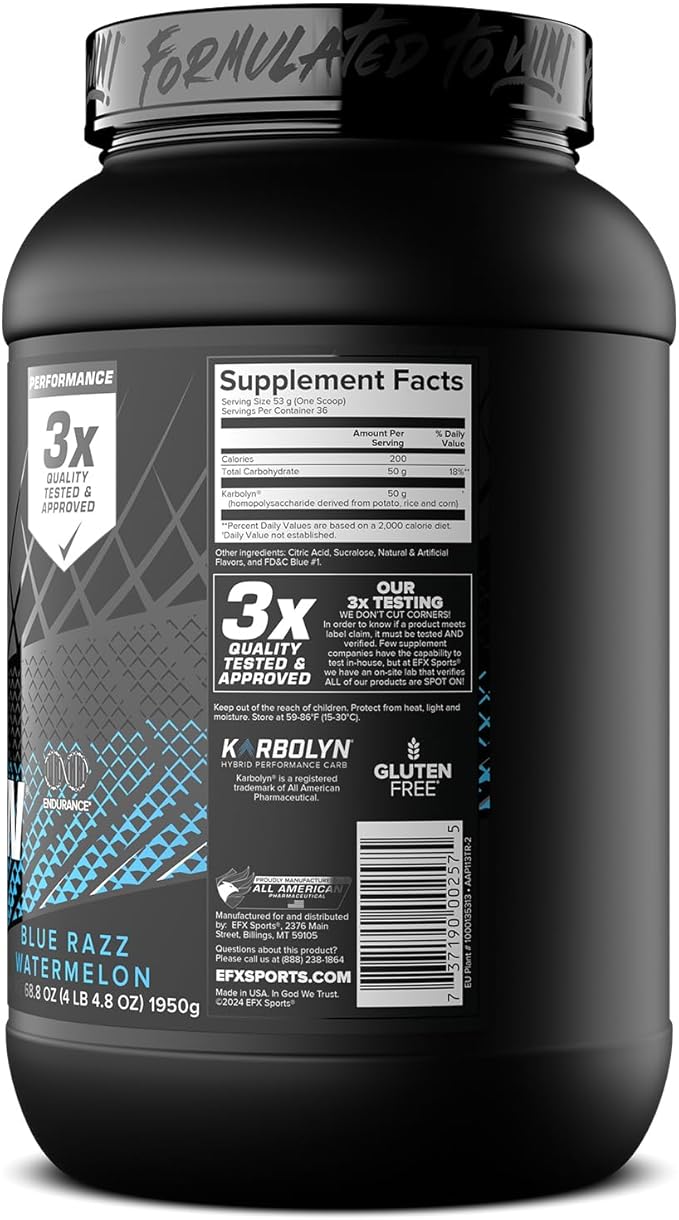 EFX Sports Karbolyn Fuel | Fast-Absorbing Carbohydrate Powder | Carb Load, Sustained Energy, Quick Recovery | Stimulant Free | 36 Servings (Blue Razz Watermelon)