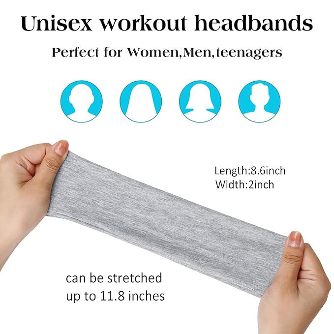 TERSE Black Headbands for Women's Short Hair - Non Slip Elastic Sweat Hairbands, Soft Fabric Hair Wraps for Workout, Yoga, Running, Sports, and Girls