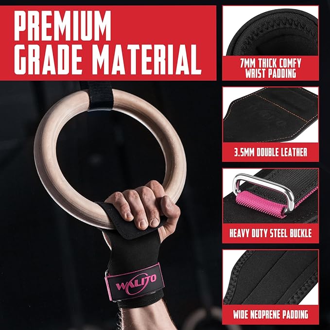 WALITO Weight Lifting Wrist Straps (Pair),Double Layer Leather Grips for Deadlift,Powerlifting and Gym Workouts, Adjustable Neoprene Padded Wrist Wraps - Men/Women, Heavy Duty Support