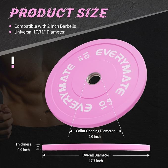 Pink Weight Plates 10LB 15LB 25LB 35LB 45LB Olympic Bumper Plates Grip Weight Plates for Strength Training & Crossfit Steel Inserts Weight Plates Fit 2" Barbells Virgin Rubber Weights