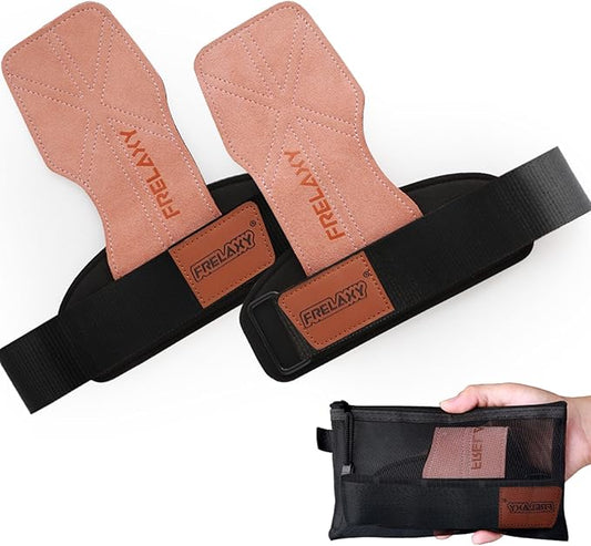 Frelaxy Lifting Wrist Straps Women and Men, Weight Lifting Grips with Cushion Wrist Loop, Double Layer Leather and Storage Pouch, Gym Workout Straps for Deadlift and Powerlifting