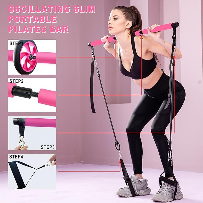 Ultimate Pilates bar kit.Multiple Fitness bar with Resistance Bands, Ab Rollers. Core Strength Training Equipment. Squat Machine for Men and Women. Portable Home Gym