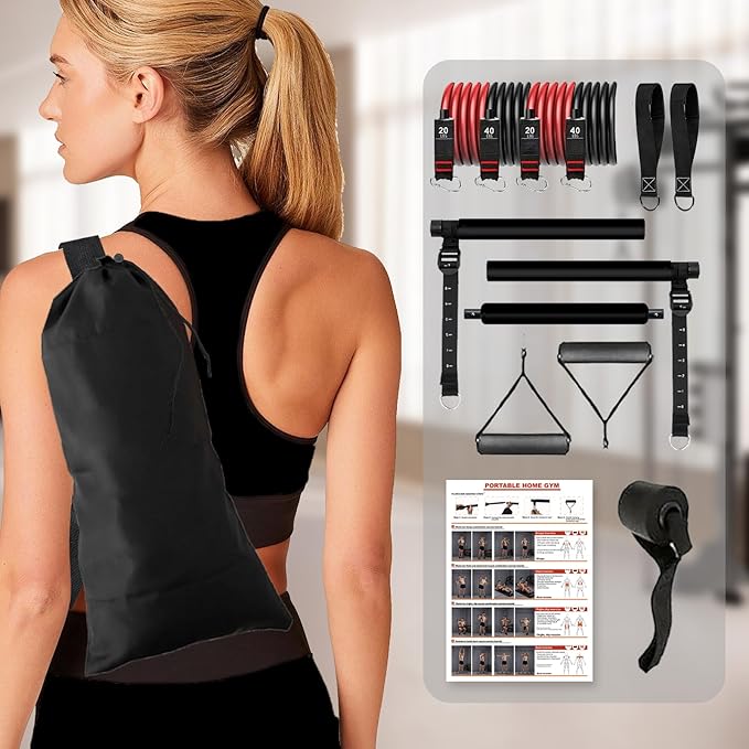 Ultimate Pilates bar kit.Multiple Fitness bar with Resistance Bands, Ab Rollers. Core Strength Training Equipment. Squat Machine for Men and Women. Portable Home Gym