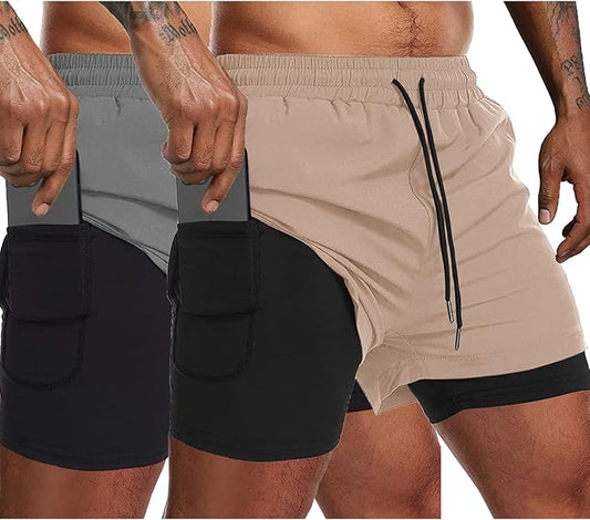 COOFANDY Men's 2 Pack Running Shorts 2 in 1 Workout Shorts Quick Dry Gym Training Athletic Jogger with Phone Pockets
