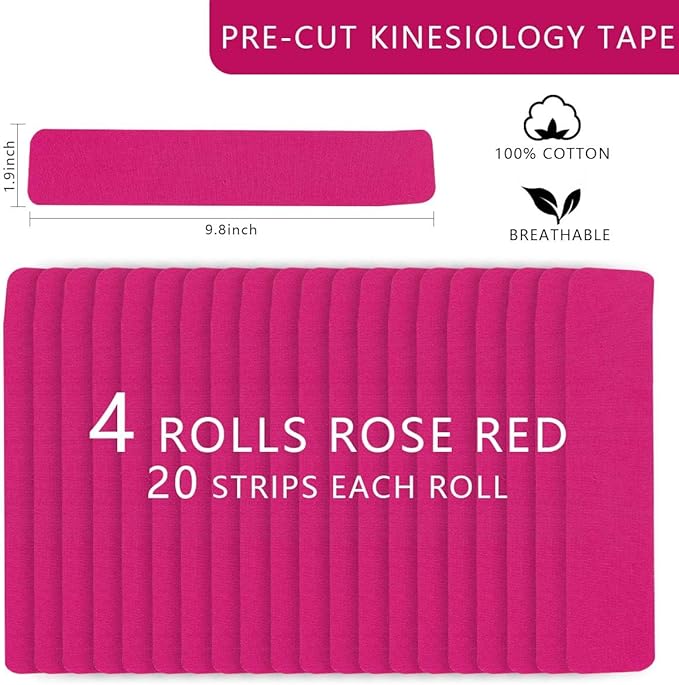 OBTANIM Waterproof Kinesiology Tape 4 Rolls Precut Strips Elastic Athletic Tape Muscle Pain Relief Sports Tape for Knee Fitness Running Tennis Swimming (Red)