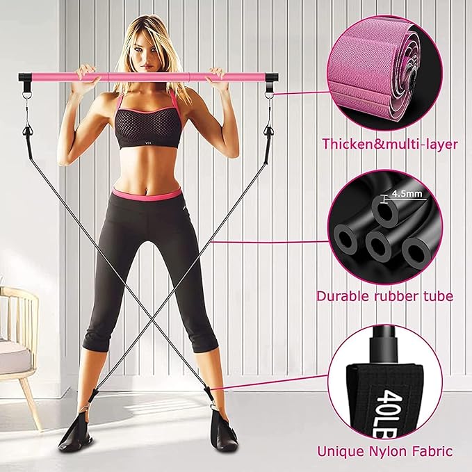 Pilates Bar Kit Perfect for Home Office Gym 4Pcs Resistance 3Pcs Adjustable 2Pcs Feet (10Pcs Set)