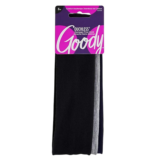Goody Ouchless Comfort Head Wraps - 3 Ct, Black/Grey, Soft & Stretchy Fabric Headbands for Women & Men, Secure Hold Yoga, Workout Headband, Versatile Hair Accessories for All-Day Wear, All Hair Types