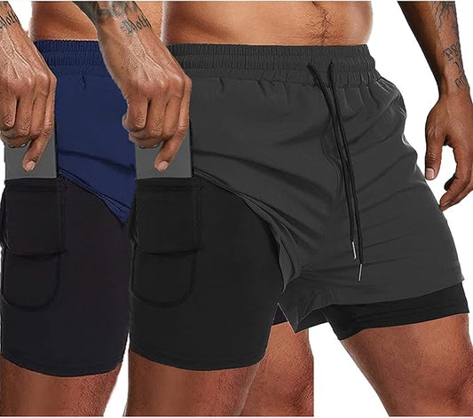 COOFANDY Men's 2 Pack Running Shorts 2 in 1 Workout Shorts Quick Dry Gym Training Athletic Jogger with Phone Pockets