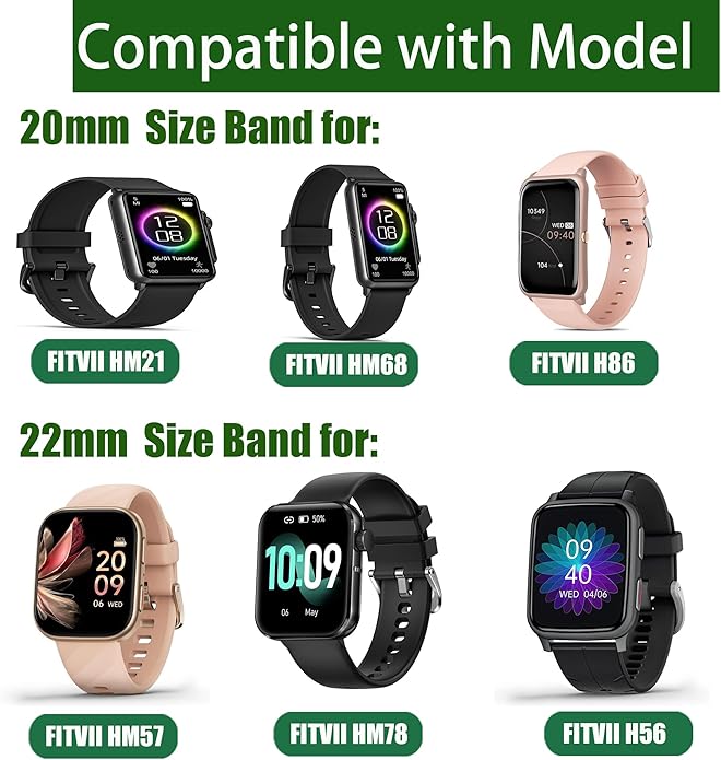 Compatible for FITVII Fitness Tracker Bands, 20mm, 22mm Soft Silicone Magnetic Buckle Sport Wristband Replacement Straps Compatible for FITVII HM57, HM78, HM68, HM21, H56, H86 Smart Watch Fitness Tracker
