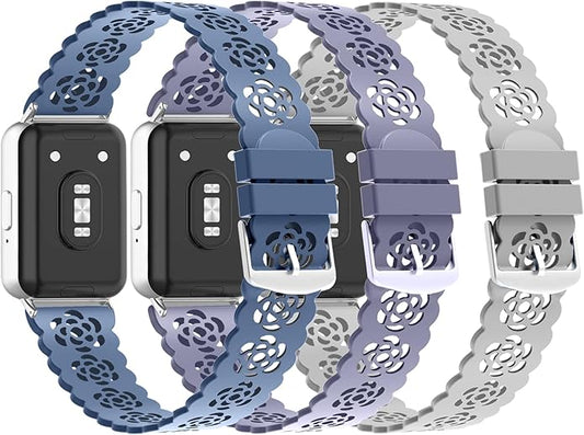 3 Pack Sport Bands Compatible with Samsung Galaxy Fit 3, Slim Lace Breathable Rose Hollowed-out & Leopard Engraved Silicone Replacement Straps Wristbands for Galaxy Fit3 SM-R390 Smart Watch Women Men