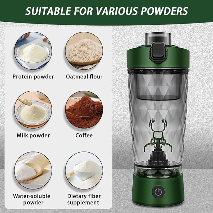 Electric Protein Shaker Bottle, USB Rechargeable Mixing Cup, Water Drink Mixer Portable Bottles for Gym Sport (Green)