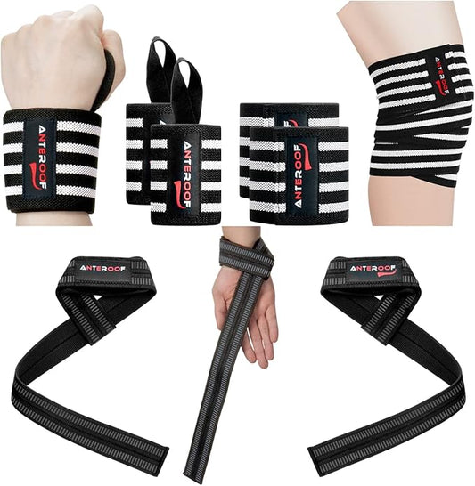 Strength Training Kit: Knee Wraps, Wrist Wraps, and Lifting Straps Set (3 Pairs) - Ultimate Protection for Weightlifting, Bodybuilding, and Fitness Workouts