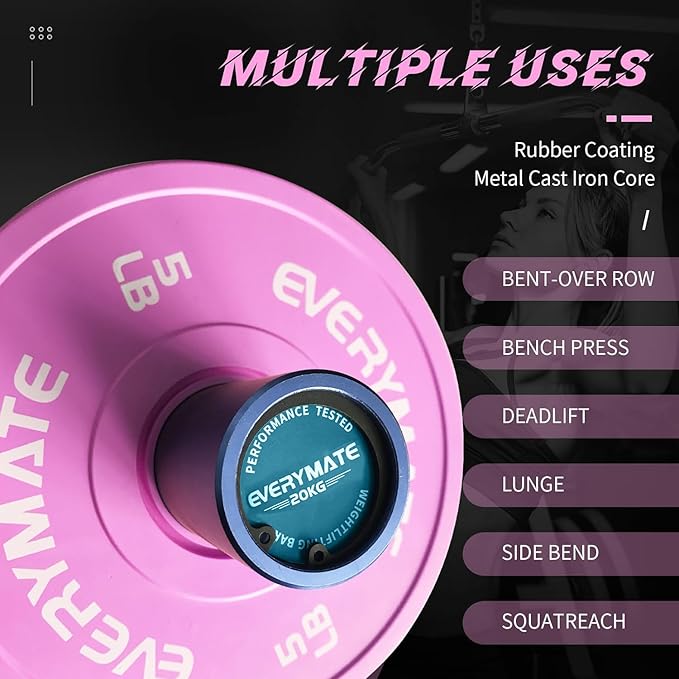 Pink Weight Plates 10LB 15LB 25LB 35LB 45LB Olympic Bumper Plates Grip Weight Plates for Strength Training & Crossfit Steel Inserts Weight Plates Fit 2" Barbells Virgin Rubber Weights