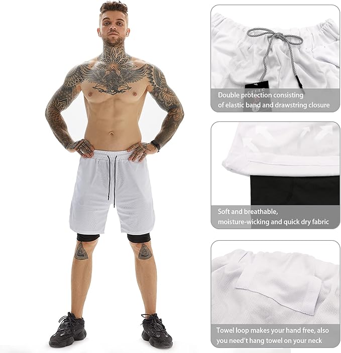 OEBLD Mens Athletic Shorts 2-in-1 Gym Workout Running 7'' Shorts with Towel Loop