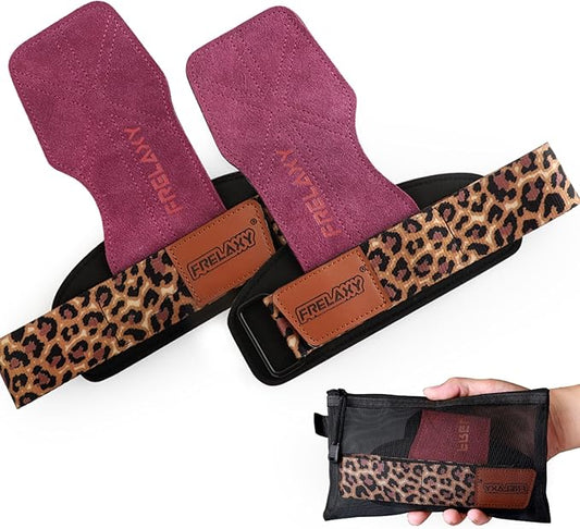 Frelaxy Lifting Wrist Straps Women and Men, Weight Lifting Grips with Cushion Wrist Loop, Double Layer Leather and Storage Pouch, Gym Workout Straps for Deadlift and Powerlifting