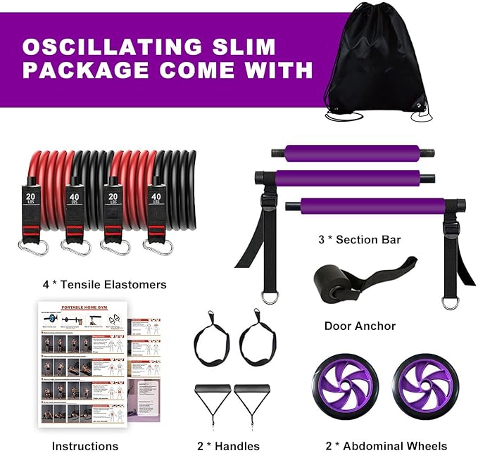 Ultimate Pilates bar kit.Multiple Fitness bar with Resistance Bands, Ab Rollers. Core Strength Training Equipment. Squat Machine for Men and Women. Portable Home Gym