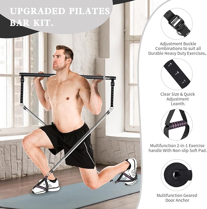 Pilates Bar Kit with Resistance Bands,Pilates Bar with Stackable Bands Workout Equipment for Legs,Hip,Waist and Arm,Exercise Fitness Equipment for Women & Men Home Gym Yoga Pilates