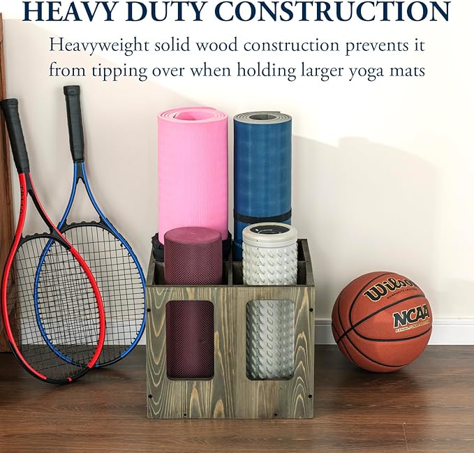 MyGift 4-Slot Vintage Brown Wood Foam Roller Storage Organizer, Wall Mounted or Floor Standing Holder Rack for Yoga Mats and Gym Accessories