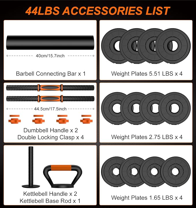44LB Adjustable Dumbbelsll Set of 2 4 in 1, Barbell