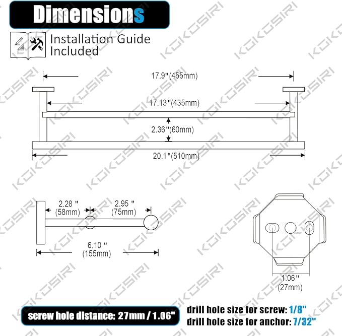 KOKOSIRI Towel Rails Bathroom Double Towel Bars Matte 20 Inch 2-Piece for 2 Pack B5005BK-L20-P2