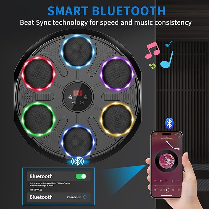 Music Boxing Machine for Adults, 2025 Smart Bluetooth Music Beat Sync Punching Machine with Gloves, 12 Speeds and 12 Modes Colorful Light Beat Resistant Target Boxing Equipment for Home Office Gym Use