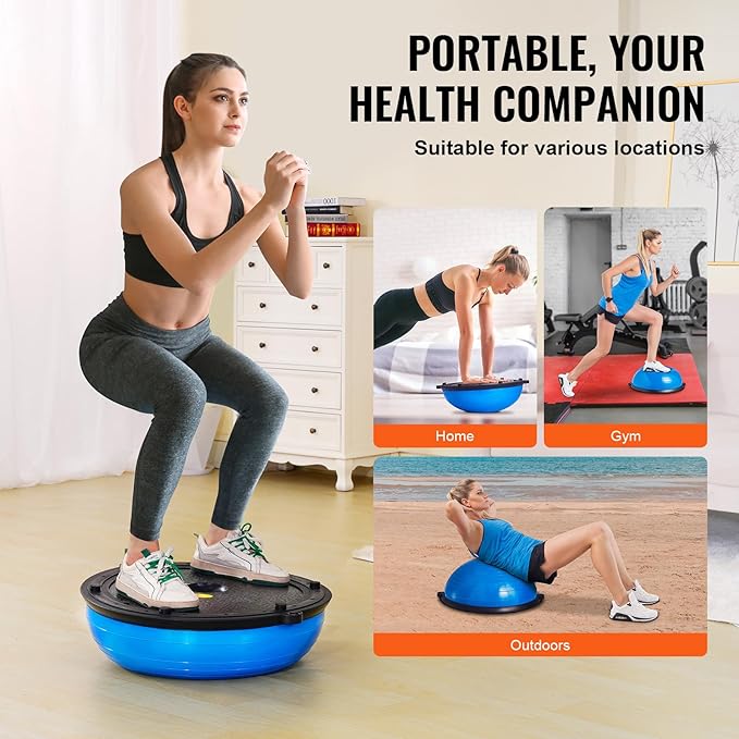 VEVOR Half Exercise Ball Trainer, 23/26 inch Balance Ball Trainer, 1500lbs Capacity Stability Ball, Yoga Ball with Resistance Bands & Foot Pump, Strength Fitness Ball for Home Gym Full Body Workout Black