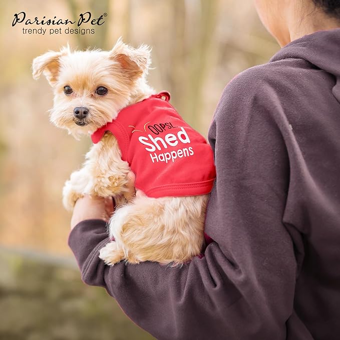 Parisian Pet Dog Tshirt - Embroidered “ Opps Shed Happens “ Dogs Clothes - Breathable and Lightweight Dog Tank Top - Sleeveless Red Doggy Tee Shirts - Machine Washable Shirts for Medium Dogs - M
