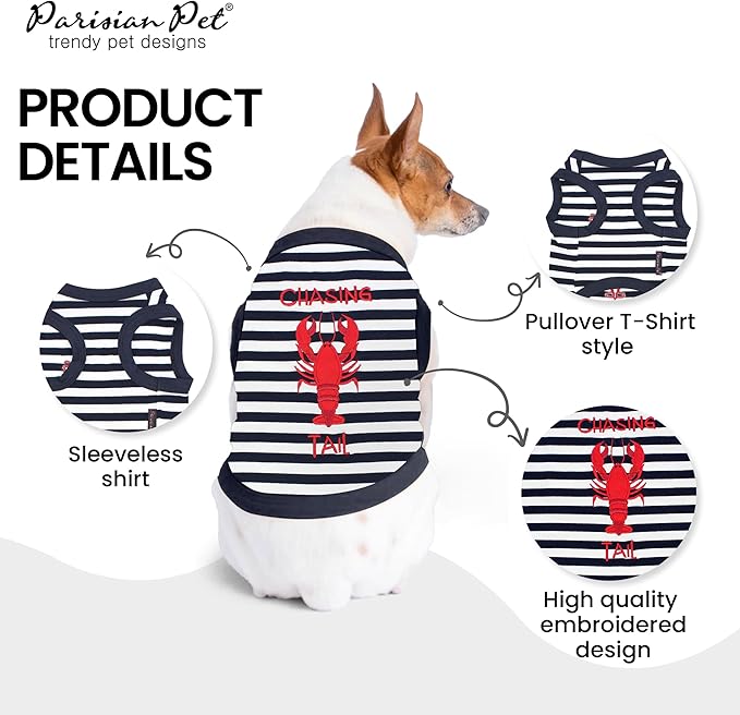 Parisian Pet Dog Tshirt - Embroidered “ Chasing Lobster Tail “ Dogs Clothes - Breathable and Lightweight Dog Tank Top - Sleeveless Doggy Tee Shirts - Machine Washable Shirts for Small Dogs - XS
