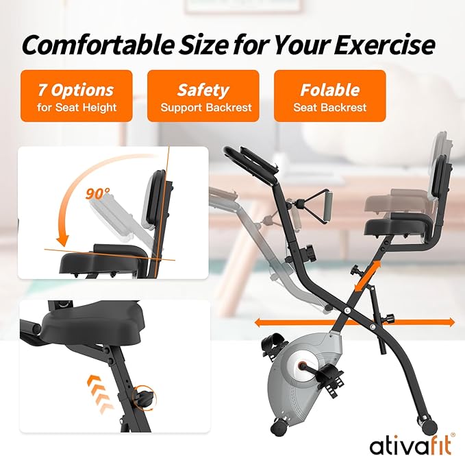 ATIVAFIT Exercise Bike Foldable Fitness Indoor Cycling Bike Magnetic 3 in 1 Upright Recumbent Exercise Bike with Resistance Bands for Home Workout