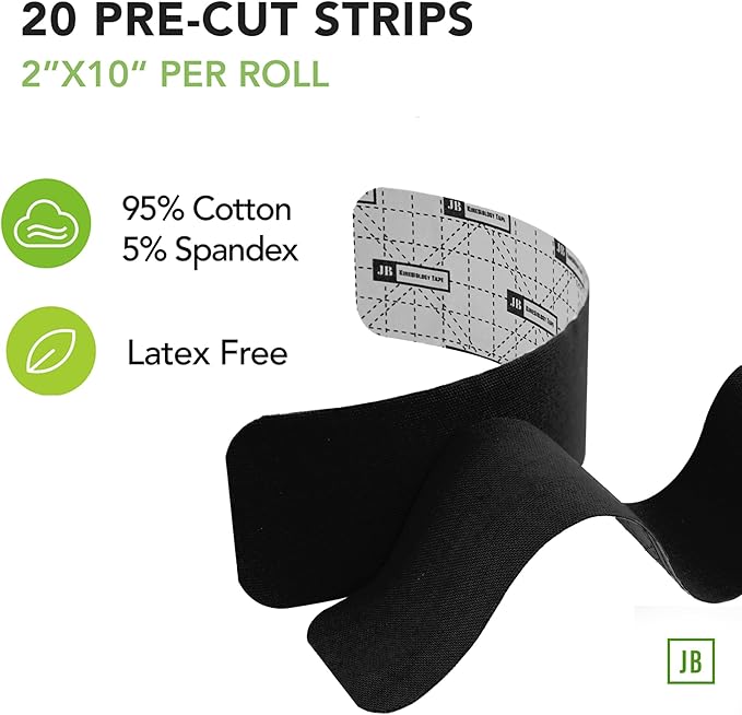 JB Tape, Precut Kinesiology Strips 4 Rolls- (80 Count, 10") Elastic, Latex-Free, Water Resistant, Athletic Sports Tape for Body, Joint & Muscle Support. (Black)