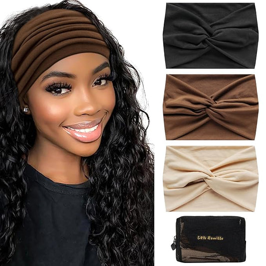 S&N Remille Wide Headbands for Women, Large Hairband, Elastic Non-Slip Headband Twist Knotted Accessories, Yoga Workout Vintage Hair 3 Pack (Colour-8)