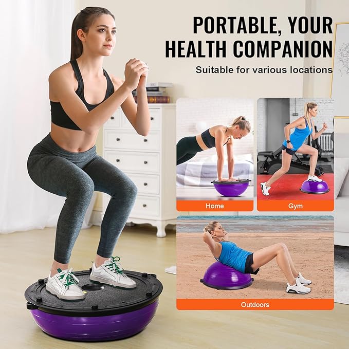 VEVOR Half Exercise Ball Trainer, 23/26 inch Balance Ball Trainer, 1500lbs Capacity Stability Ball, Yoga Ball with Resistance Bands & Foot Pump, Strength Fitness Ball for Home Gym Full Body Workout Black