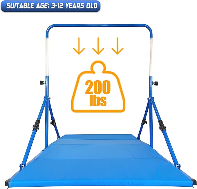 Upgrade Foldable Gymnastic Bar with Mat for Kids 3-12, 200 200 lbs
