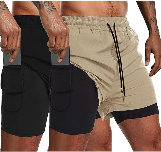 COOFANDY Men's 2 Pack Running Shorts 2 in 1 Workout Shorts Quick Dry Gym Training Athletic Jogger with Phone Pockets
