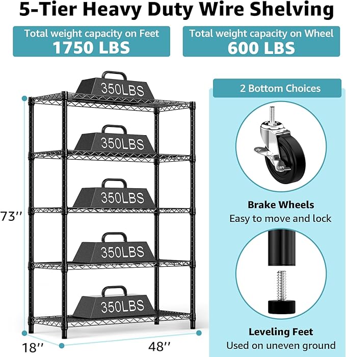 Steel Storage Shelving 5-Tier Utility Shelving Unit with Wheels, Steel Organizer Wire Rack for Home,Kitchen,Office,Garage, 1750 LBS Capacity 17.7" D x 47.2" W x 76.7" H