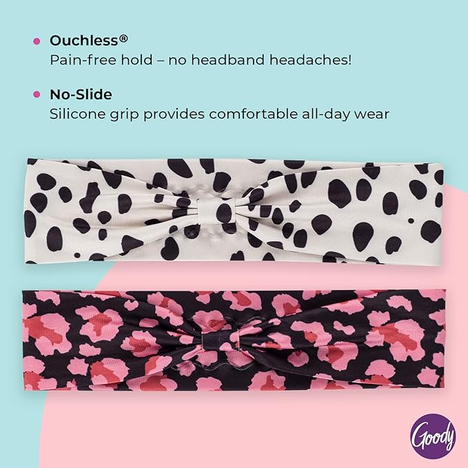GOODY Low Profile Headwraps - 2 Count, Cheetah - Comfortable and Stylish Fabric Won't Pull, Snag or Damage Your Hair - Pain-Free Hair Accessories for Women, Men, Boys and Girls (Pack of 2)