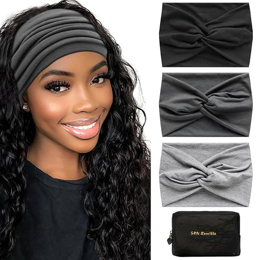 S&N Remille Wide Headbands for Women, Large Hairband, Elastic Non-Slip Headband Twist Knotted Accessories, Yoga Workout Vintage Hair 3 Pack (Colour-9)