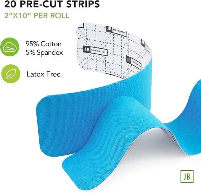 JB Tape Precut Kinesiology Strips 4 Rolls | 80 Count, 10" | Elastic, Latex-Free, Water Resistant | Athletic Sports Tape for Body, Joint & Muscle Support | Blue