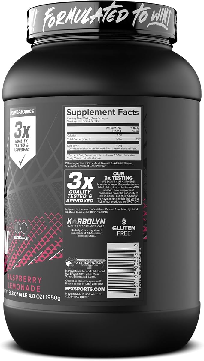 EFX Sports Karbolyn Fuel | Fast-Absorbing Carbohydrate Powder | Carb Load, Sustained Energy, Quick Recovery | Stimulant Free | 35 Servings (Raspberry Lemonade)