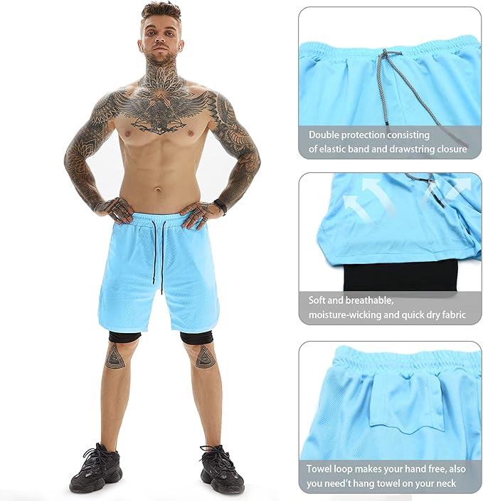 OEBLD Mens Athletic Shorts 2-in-1 Gym Workout Running 7'' Shorts with Towel Loop
