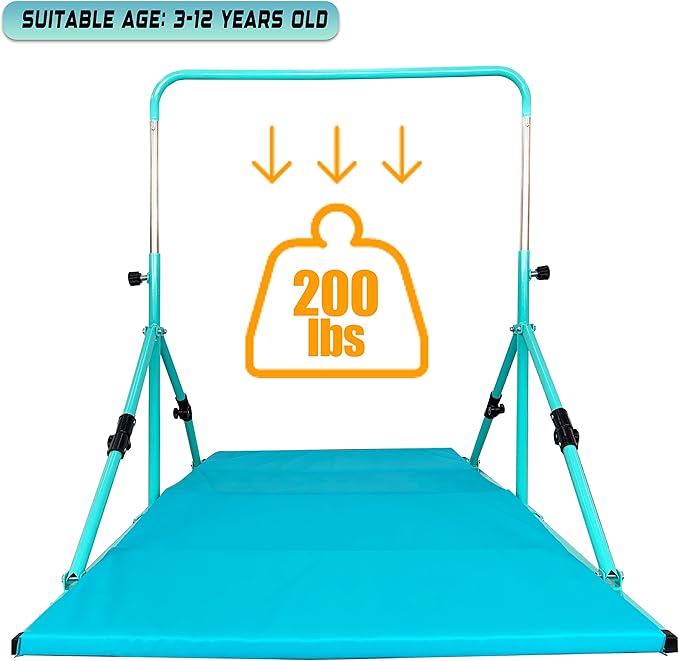 Upgrade Foldable Gymnastic Bar with Mat for Kids 3-12, 200 200 lbs
