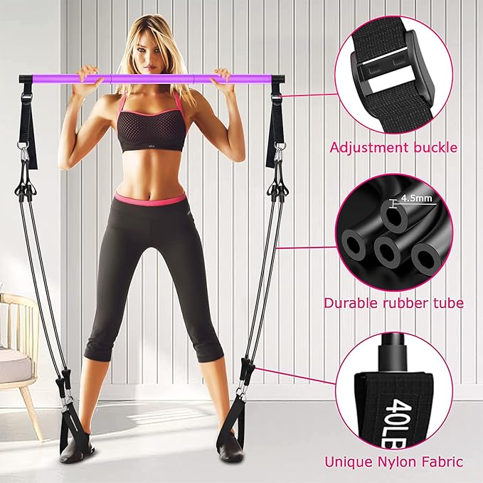 Pilates Bar Kit with Resistance Bands,Pilates Bar with Stackable Bands Workout Equipment for Legs,Hip,Waist and Arm,Exercise Fitness Equipment for Women & Men Home Gym Yoga Pilates