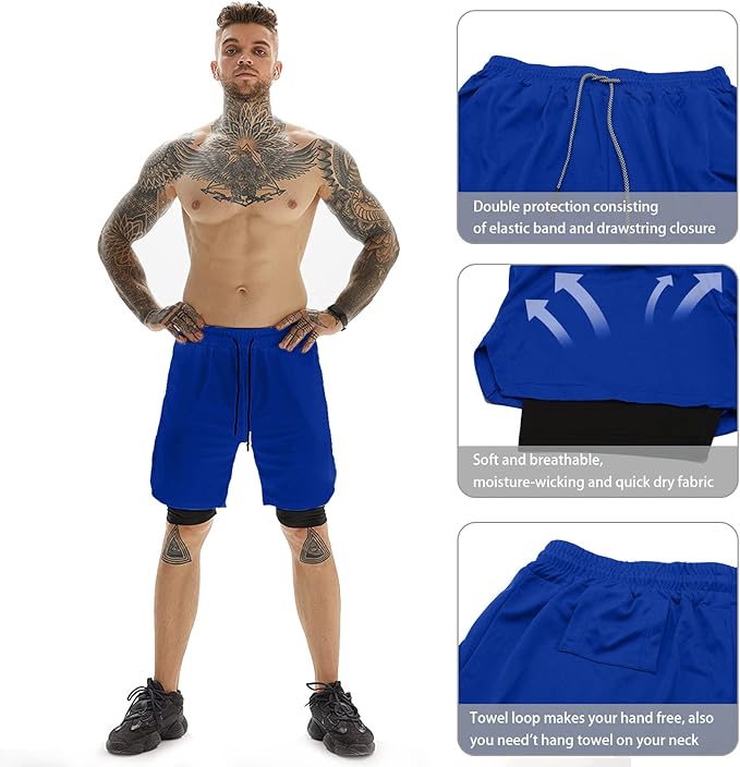 OEBLD Mens Athletic Shorts 2-in-1 Gym Workout Running 7'' Shorts with Towel Loop