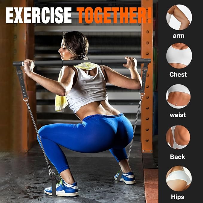 Pilates Bar Kit with Resistance Bands,Pilates Bar with Stackable Bands Workout Equipment for Legs,Hip,Waist and Arm,Exercise Fitness Equipment for Women & Men Home Gym Yoga Pilates