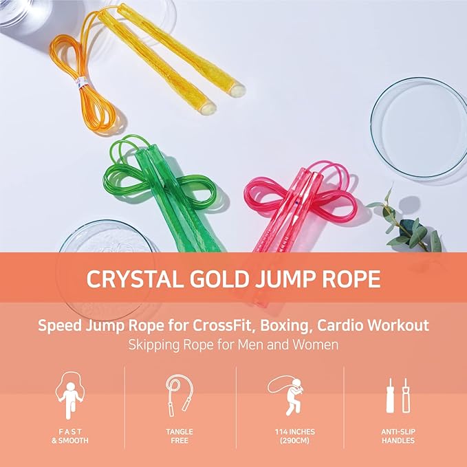 Exercise Jump Rope for Cardio, Boxing, CrossFit - Adjustable Skipping Rope for Men and Women, Lightweight, Tangle Free, Made in Korea(Crystal Gold Jumprope, UA-430)