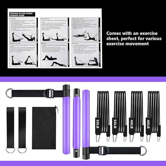 Pilates Bar Kit with Resistance Bands,Pilates Bar with Stackable Bands Workout Equipment for Legs,Hip,Waist and Arm,Exercise Fitness Equipment for Women & Men Home Gym Yoga Pilates