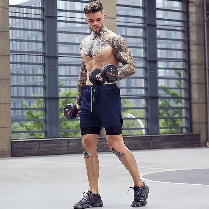 OEBLD Mens Athletic Shorts 2-in-1 Gym Workout Running 7'' Shorts with Towel Loop